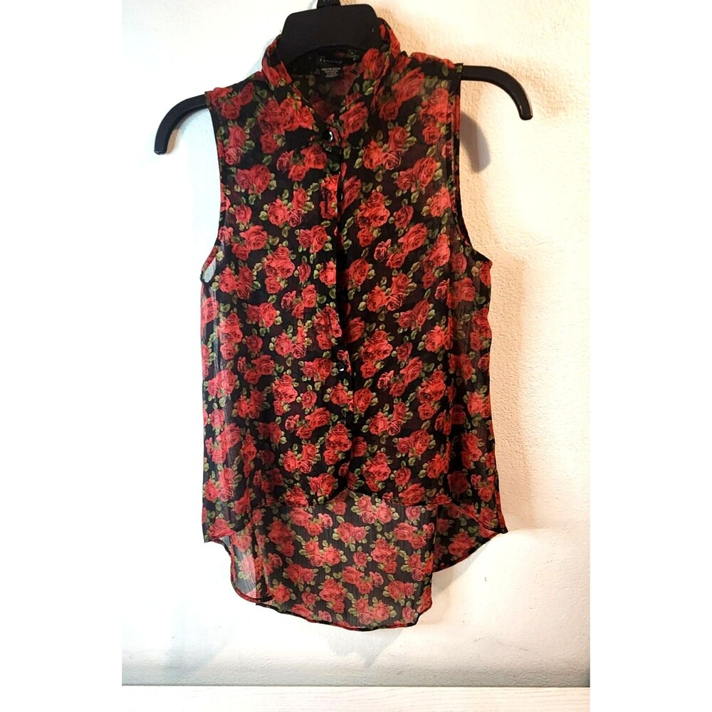 Timing Romantic Red Rose Floral Chiffon Blouse - Sleeveless High-Low Top -Size S